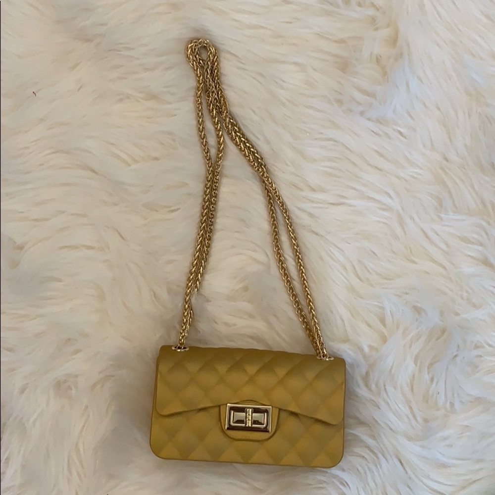 Gold tone/yellow faux quilted rubber crossbody